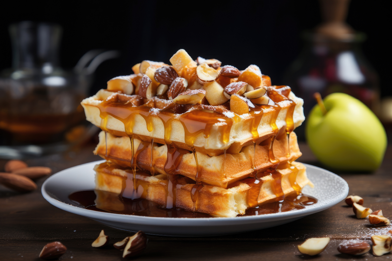 Waffles with apples, nuts and honey