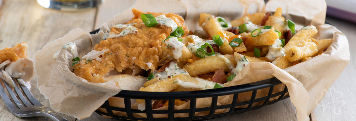 Beer-Batter Fish with Loaded Bacon Cheddar Chips Recipe Photo