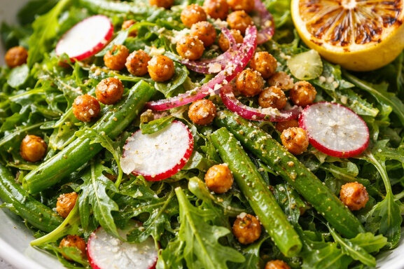 Lemon charred arugula with dijon dressing salad