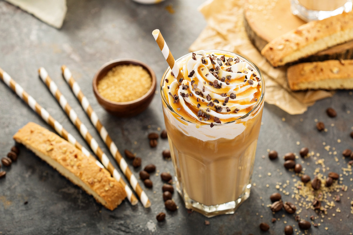 Iced caramel latte coffee in a tall glass