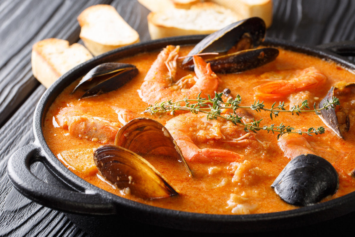 Shrimp and mussel stew in a bowl