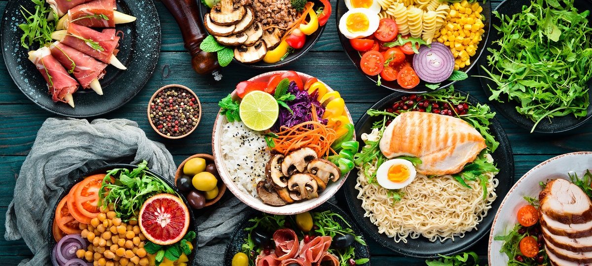 A variety of food items plated