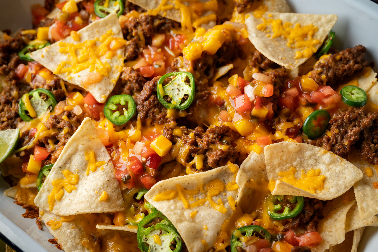  Loaded nachos with meat and cheese