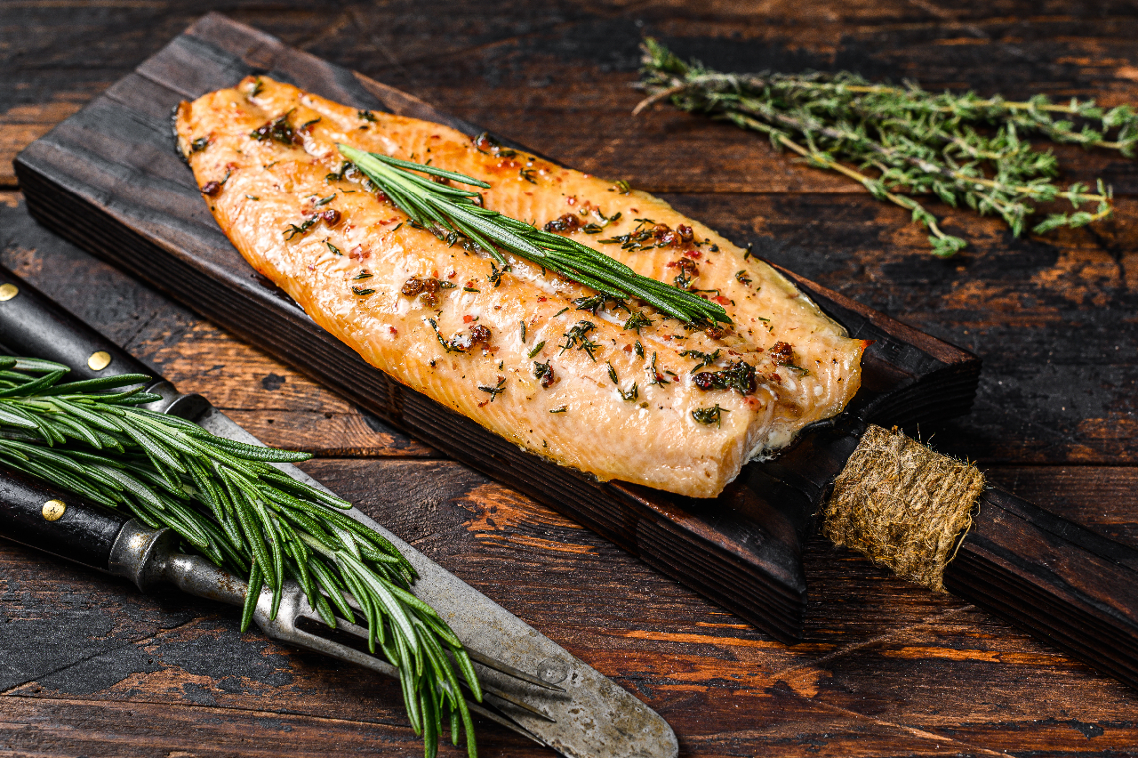 Rainbow trout on cutting board