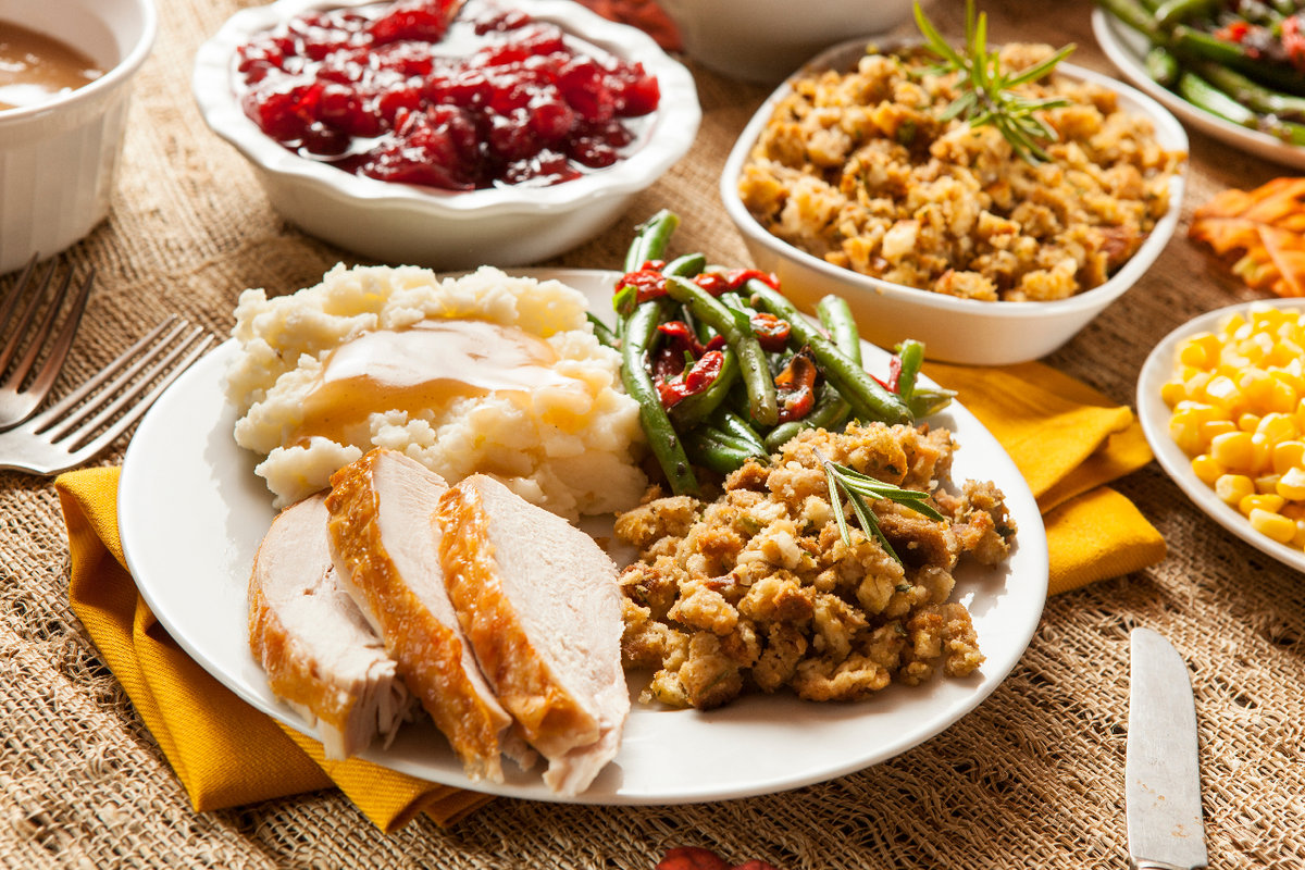 Turkey dinner with potatoes, stuffing and vegetables