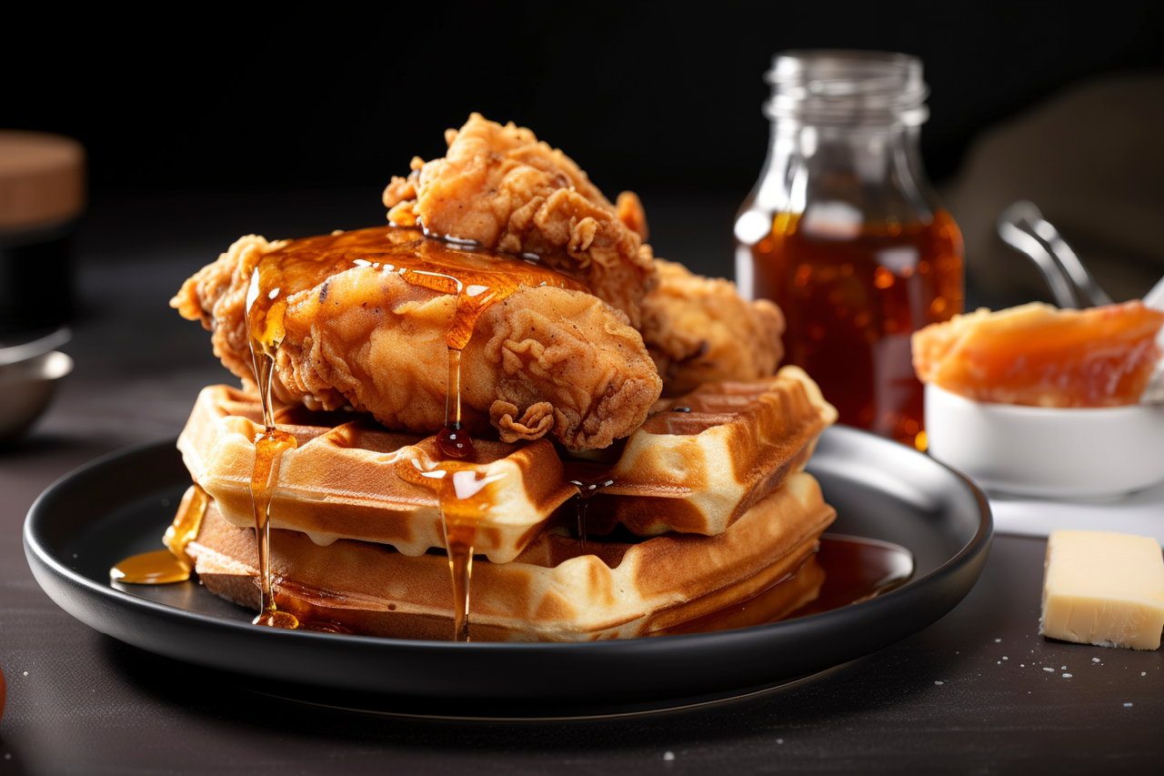 Waffles with chicken and syrup