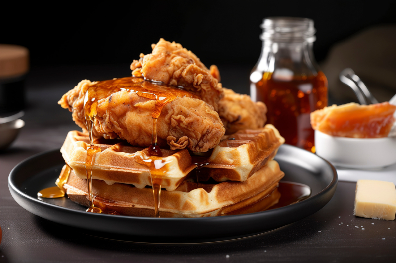 Waffles with chicken and syrup