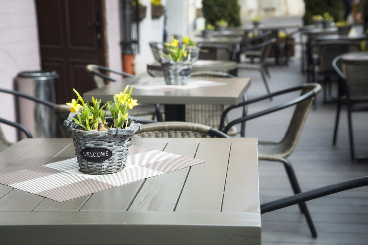 Restaurant patio with plant on table