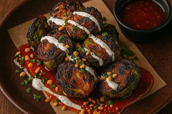 Charred “Deep-Fried” Brussels Sprouts with Buttermilk Dill Crème & Sweet Thai Chili