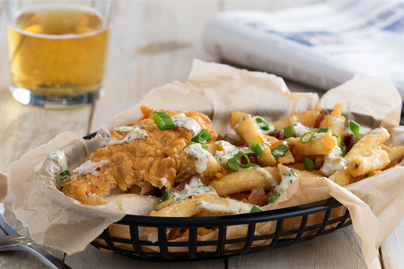 Beer-Batter Fish with Loaded Bacon Cheddar Chips Recipe