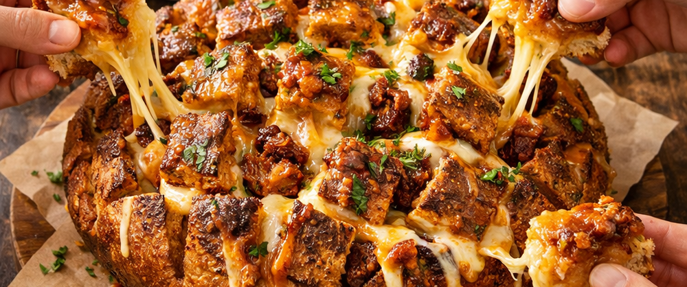 Hand pulling a piece of Cheesy Chipotle Pull-Apart Loaf