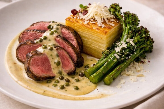 Herb-Butter Tenderloin with Truffle Hollandaise plated