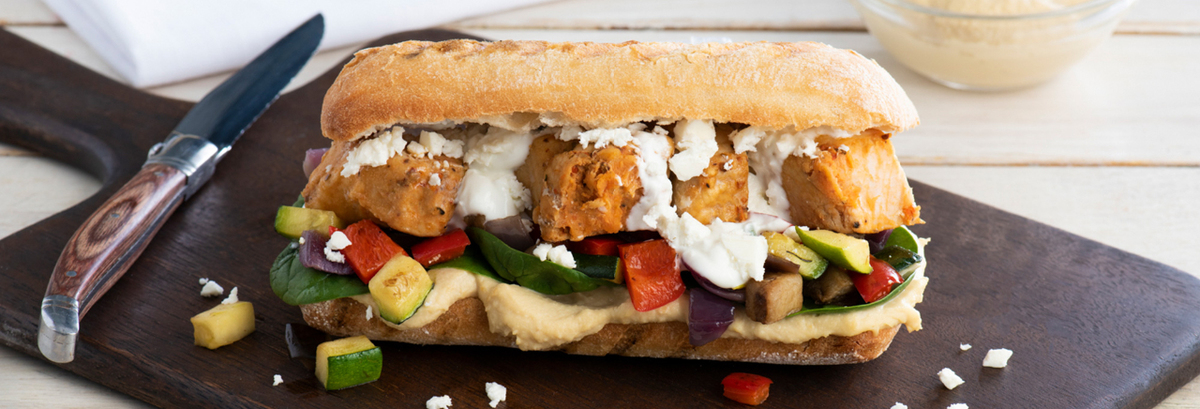 Pork Souvlaki Sandwich with Roasted Veggies and Hummus Recipe