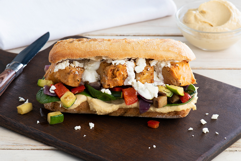 Pork Souvlaki Sandwich with Roasted Veggies and Hummus Recipe