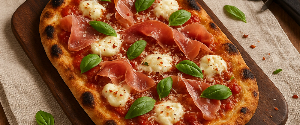 Prosciutto & Bocconcini Pinsa Romana cooked on cutting board