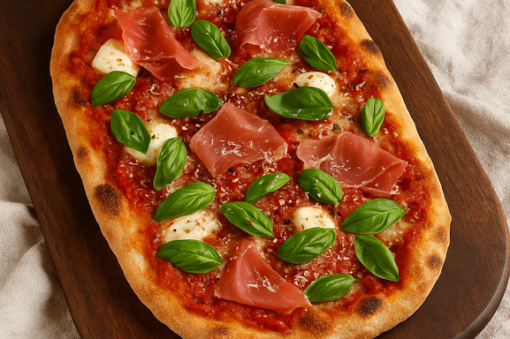 Prosciutto & Bocconcini Pinsa Romana cooked on cutting board