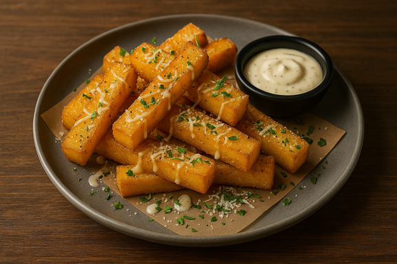 Truffle Parmesan Polenta Fries cooked on a plate with dip